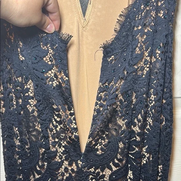 Navy Blue Evening Gown Nude Lining with Lace Overtop Beaded Plunging Neckline - Picture 8 of 16